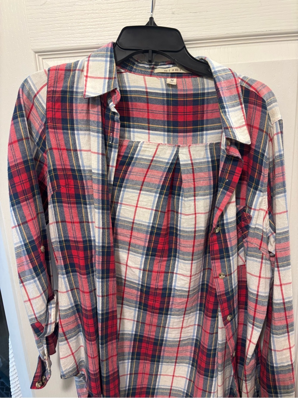 Plaid Button-Up Shirt Dress in Red, Navy & White